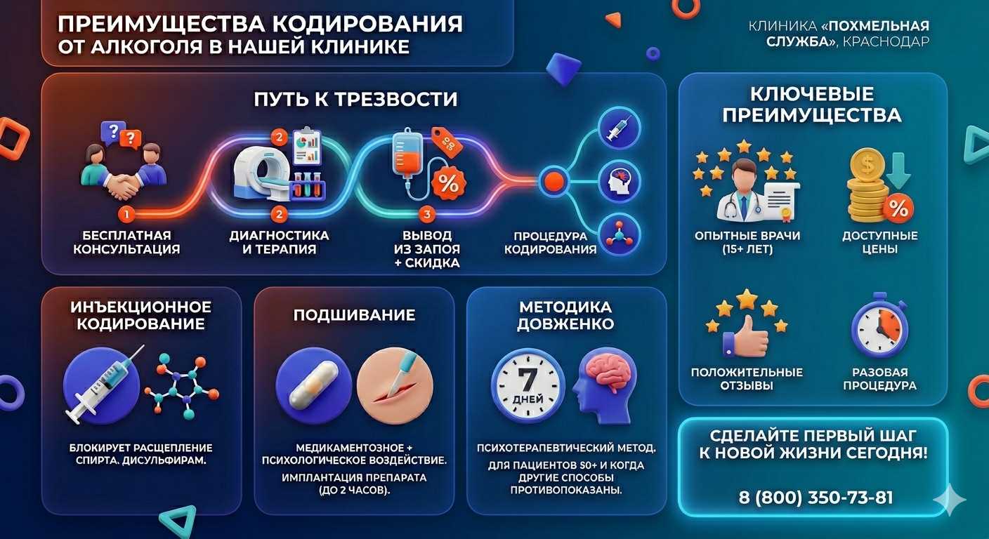 Инфографика о методах кодирования от алкоголя в Новом Осколе: инъекции, подшивание, метод Довженко. Преимущества клиники и этапы лечения.
