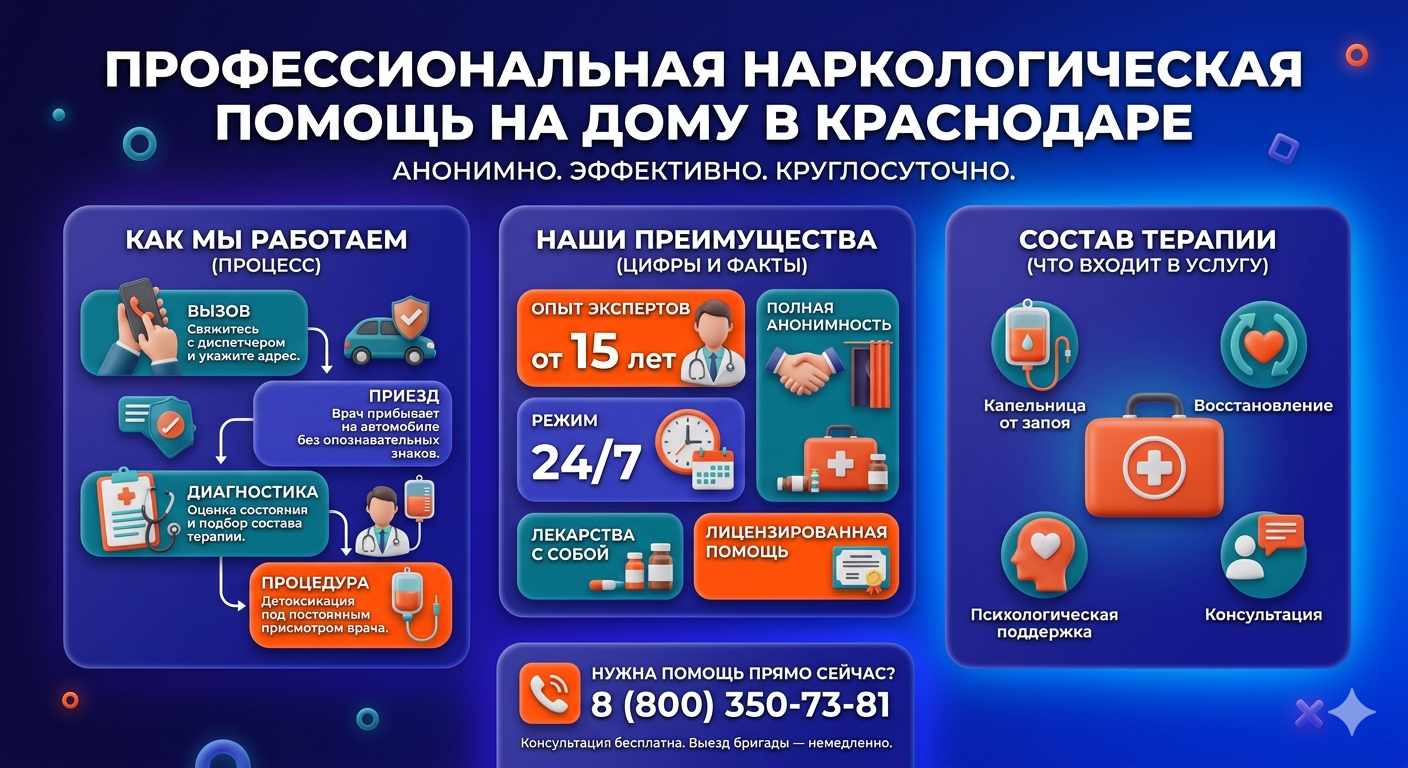 Инфографика о принципах лечения алкоголизма на дому в Новом Осколе: этапы вызова нарколога, преимущества анонимной детоксикации и состав медицинской помощи.